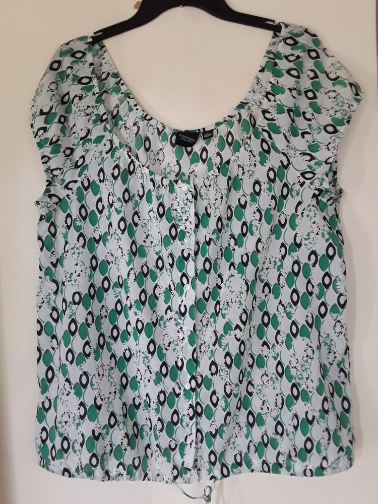 SONOMA BRIGHT MULTI PRINT TIE HEM BLOUSE TOP SHIRT  SZ L