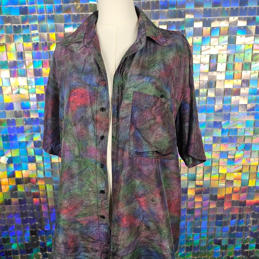 Colore Italia Vintage 80s Silk Button Up Shirt Mens Multicolor Abstract Graphic-image