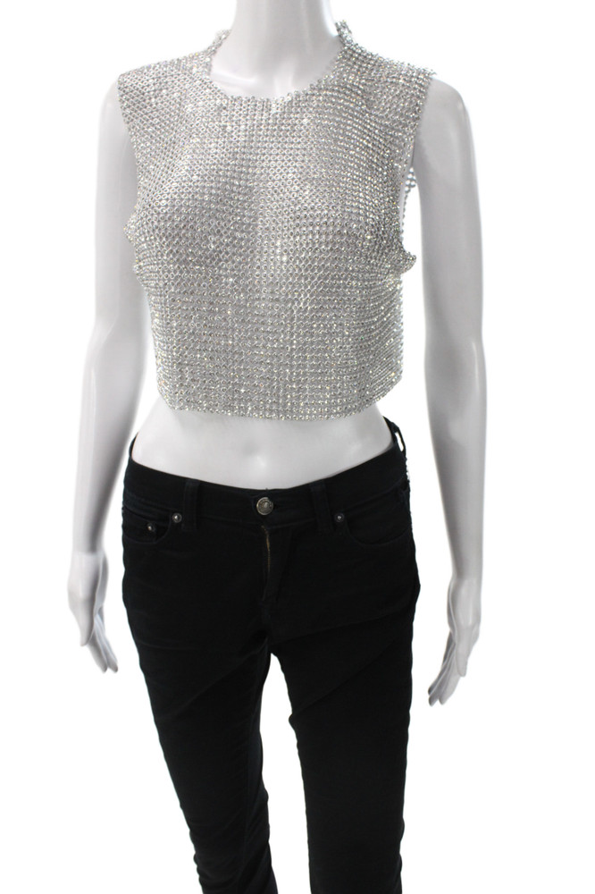 12th Tribe Womens Cropped Tank Top Gray Rhinestone Aluminium Crew Neck Size SFree Shipping in US $100+ Orders | $6.95 Orders Below