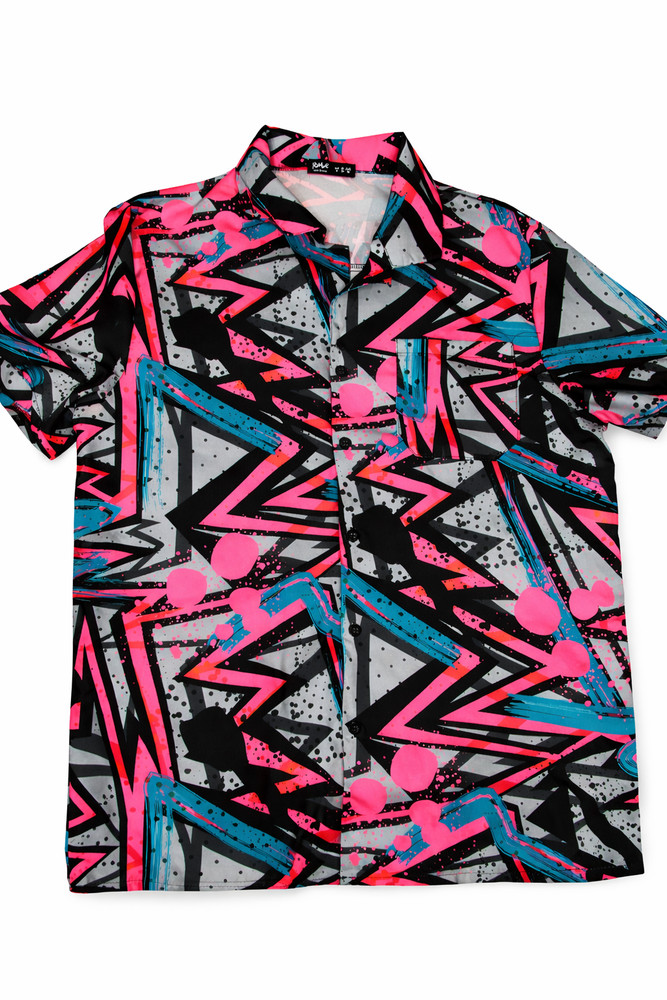 ROMWE Men’s M Neon Abstract Button Up Shirt Retro 80s Graphic Short Sleeve-image