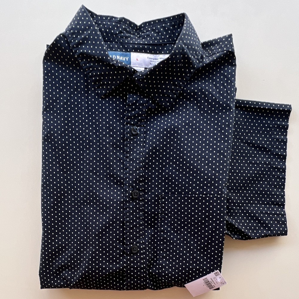 Old Navy Everyday Shirt Regular Fit L Men's Cotton Stretch Polka Dot Blue/White