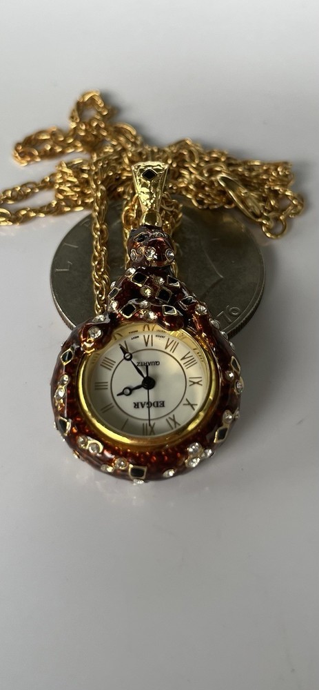 Edgar BEREBI LEOPARD Signed Vintage Enamel Watch Pendant Necklace NEW BATTERY