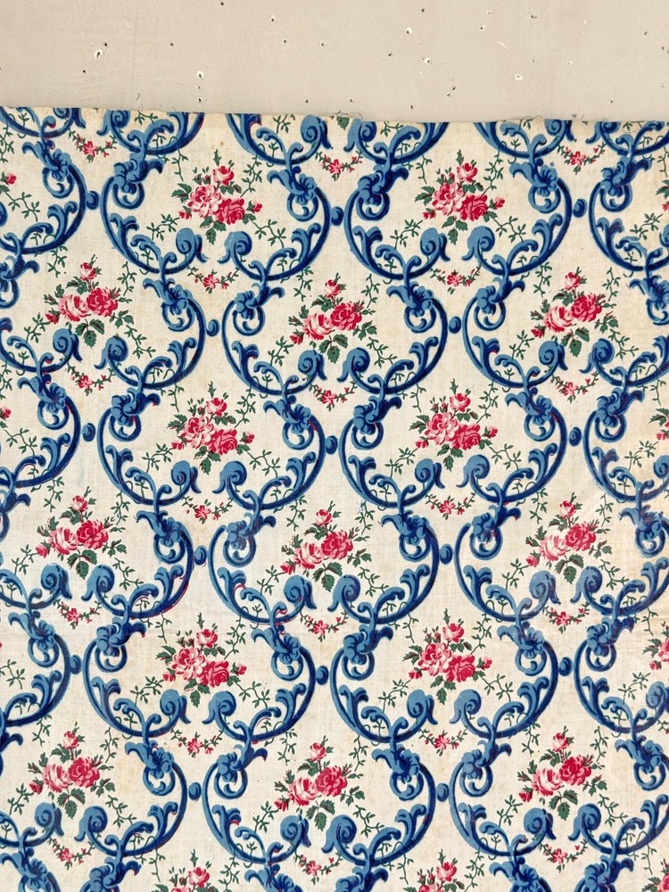 32x32 Antique French Chintz Glazed Cotton Floral Fabric Blue Scrolls Roses c190