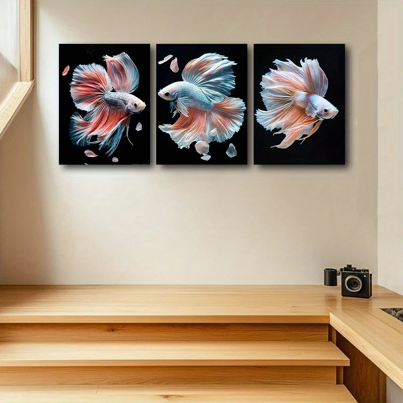 3pcs Elegant White and Orange Betta Fish Metal Wall Art Ready to Hang