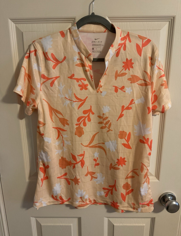 Nike Dri-FIT Women’s Golf Polo Shirt L Beige/Orange/White Floral Short Sleeve