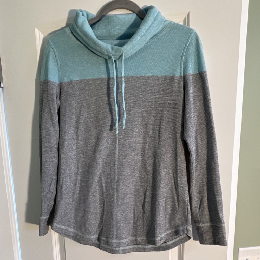 T by Talbots Colorblock Pullover Cowl Neck Hoodie Gray/Blue Drawstring Women’s S