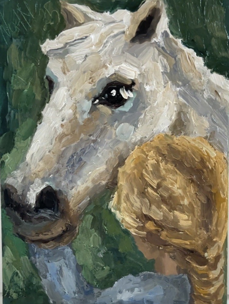 Horse & Cowboy Portrait Cowgirl  White Horse Oil Painting Animal Art