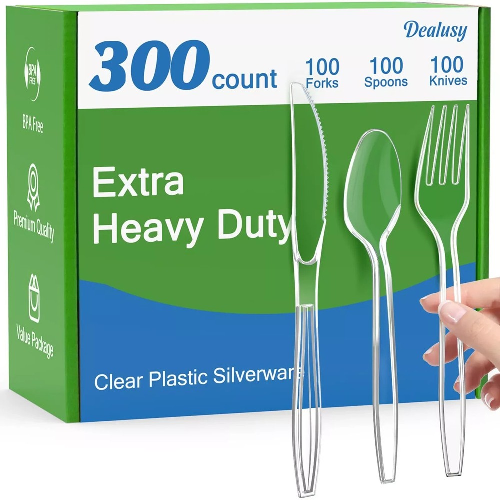 300 Count Extra Heavy Duty Clear Plastic Silverware 100 Forks 100 Spoons 100