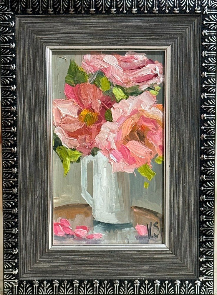 Original Oil Painting Pink Peonies Flowers Still life Vase Art Framed 7x5 in