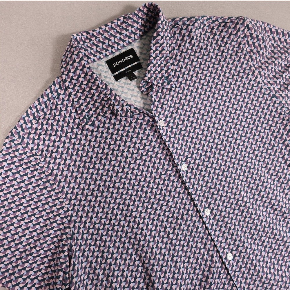 Bonobos Mens Button Down Slim Fit L Purple Cotton Geometric Print Short Sleeve