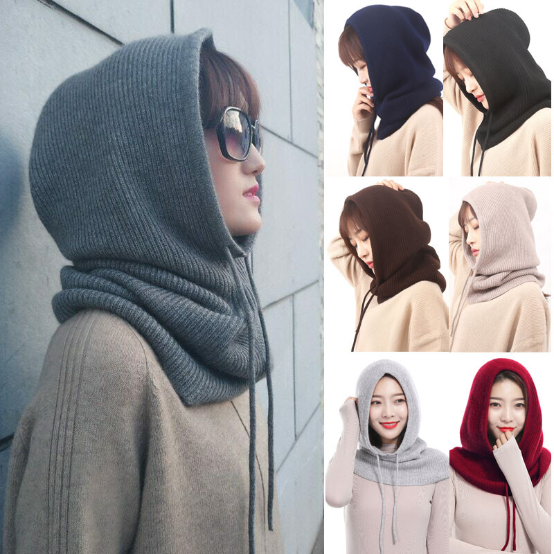 Womens Knitted Scarf Hooded Neck Warmer Thick Windproof Hats Cap Winter Warm Hat