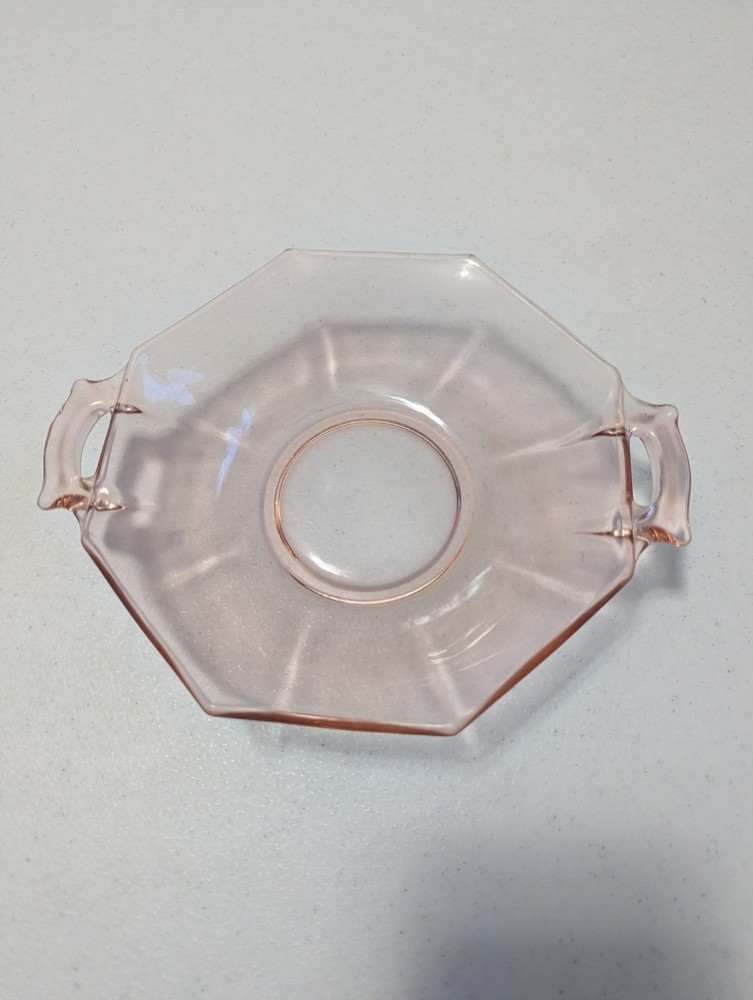 Vintage 30s Anchor Hocking Pink Depression Glass Hexagon Plate w/ Handles 8.5”