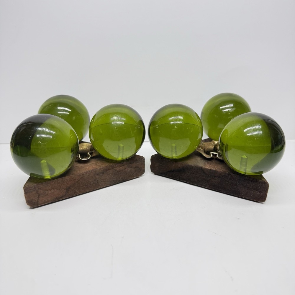 Set Of 2 Vintage MCM GREEN Lucite Balls Candle Holders On Wood Triangle Base