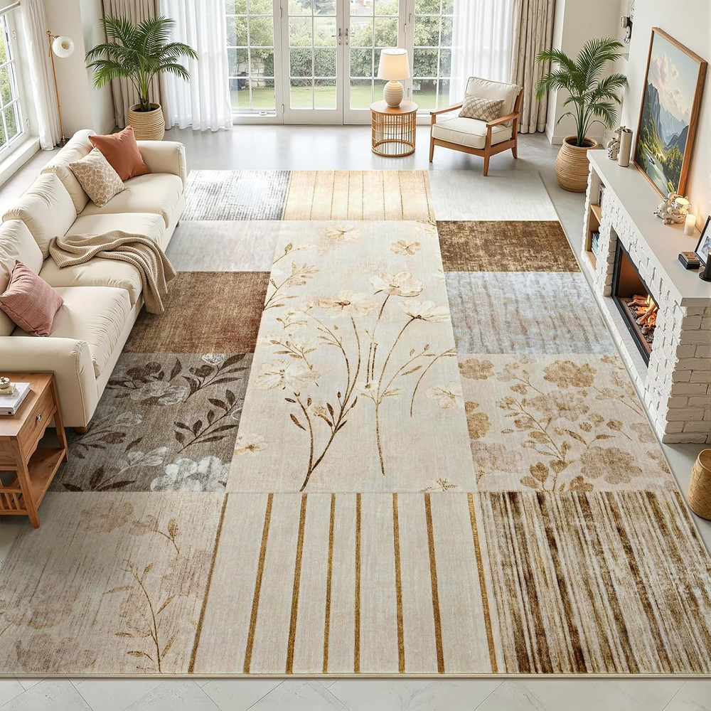 Area Rugs 5'X7' Washable Beige Rug for Living Room, Non-Slip Modern Geometric Pa