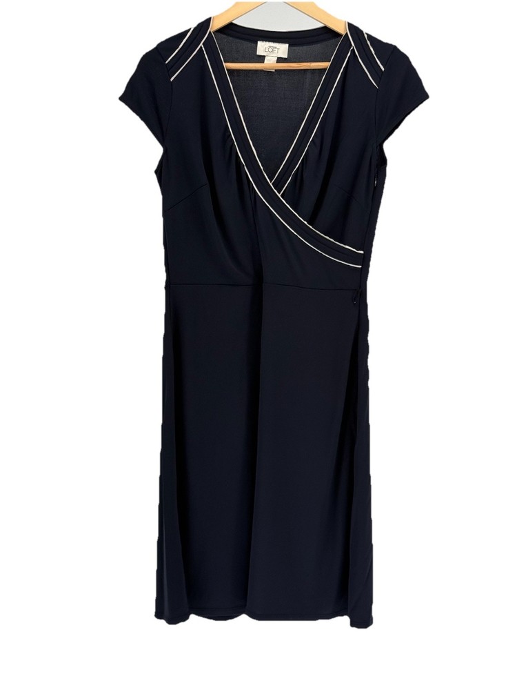 Ann Taylor Loft Navy Blue Sailor Faux Wrap Dress Women's size 6 A Line