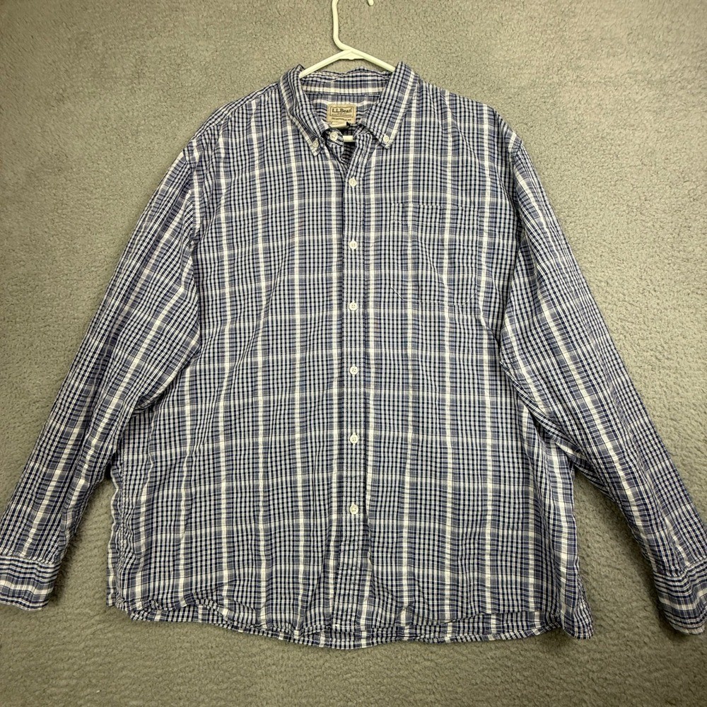 LL Bean Mens Traditional Fit Organic Cotton Plaid Button Down Shirt XL Blue