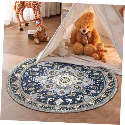 6ft Soft Washable Round Rug with Non-Slip Backing for Playroom