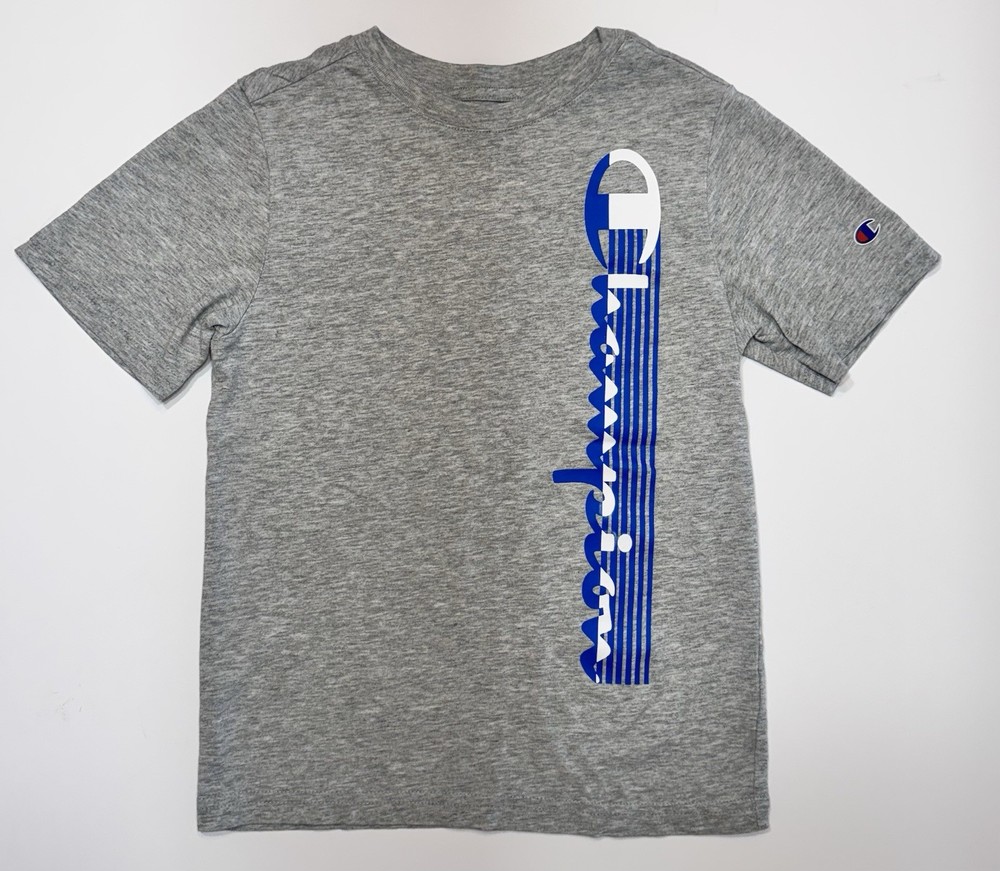 Champion Boys Graphic T Shirt Youth 7/8 Gray Blue Logo Tee Short Sleeve Cotton