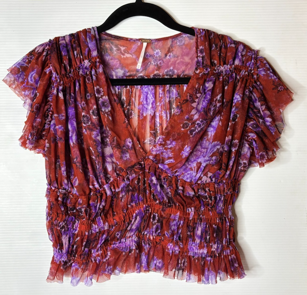 Free People Tulle Sheer Flutter Sleeve Baby Doll Floral Crop Peplum Blouse Top M