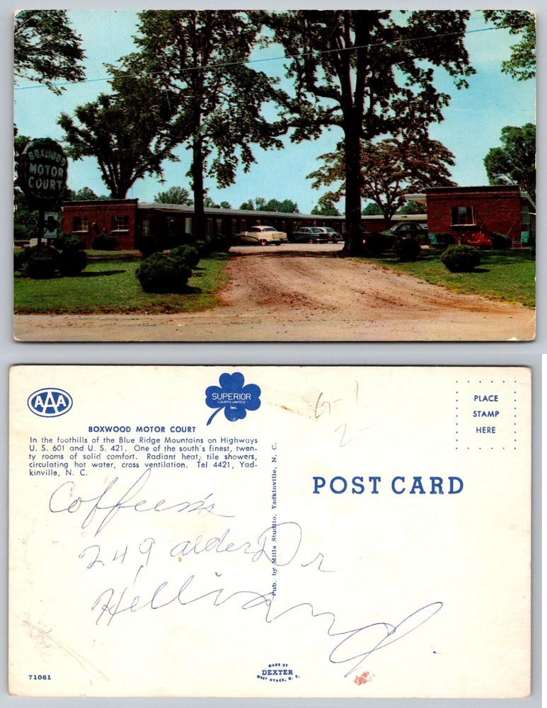 Boxwood Motor Court Yadkinville NC Postcard Vintage Motel AAA 1950s 1960s