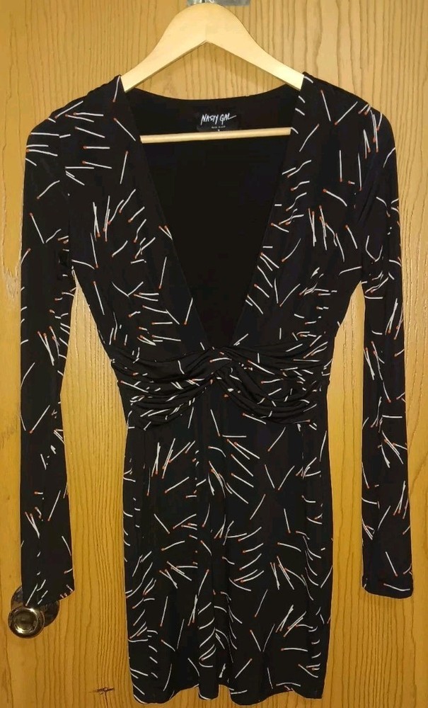 Nasty Gal Mini Dress Womens Size Small Black Long Sleeve Match Stick Design...
