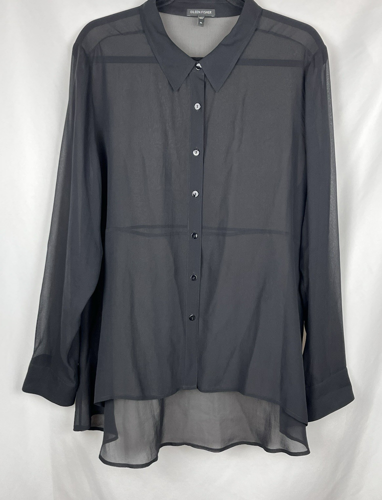Eileen Fisher 100% Silk Button Down Shirt Black XL Sheer High Low Collared Tunic
