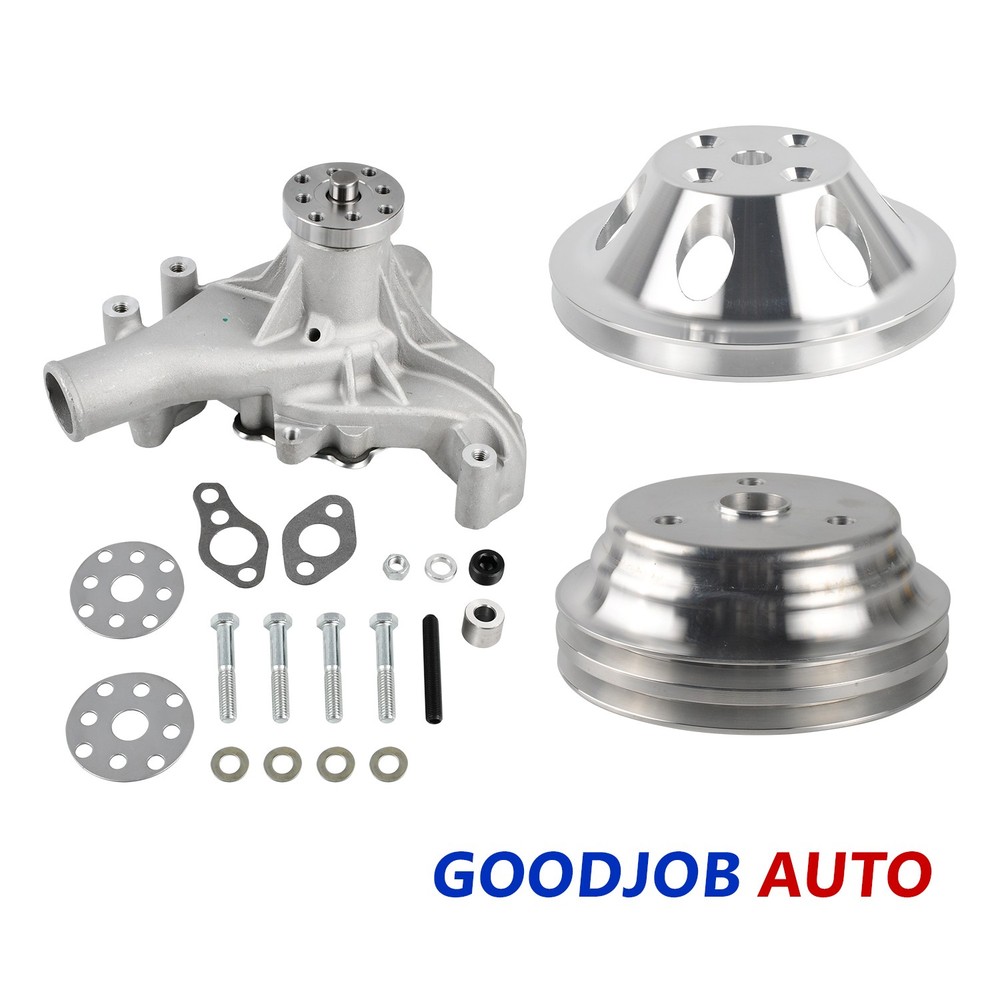 Alum Satin Long Water Pump Small Block Chevy + 1/2 Groove Pulley&Crankshaft Kit