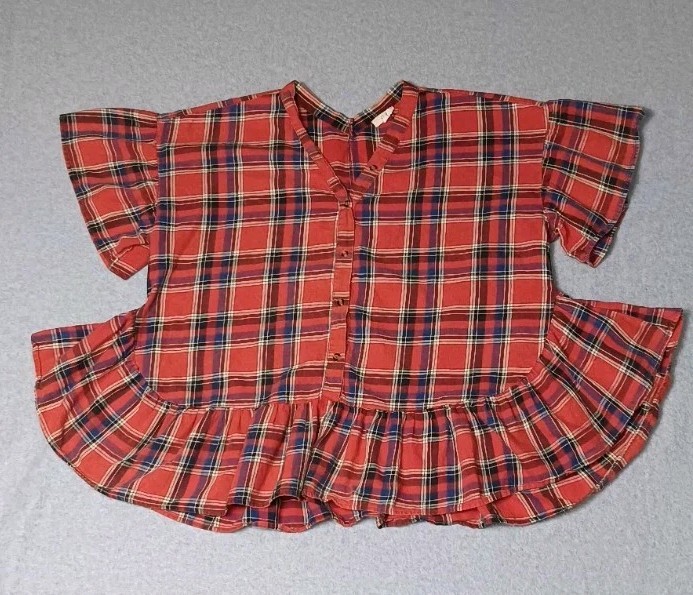 Easel Partial Button Up Blouse Womens Size Medium Red Plaid Ruffled Vneck Flowy