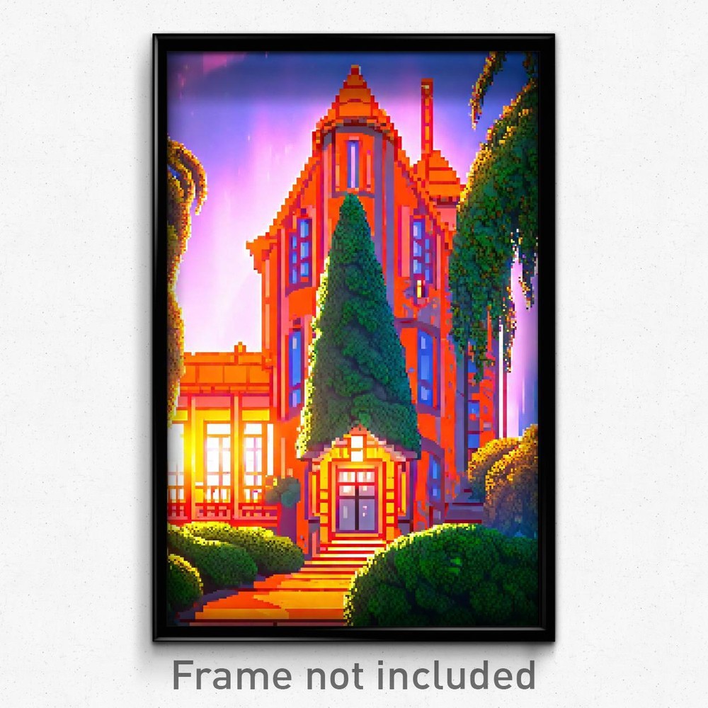 Pixel Art Poster - Orange Mansion (8 Bit Psychedelic Trippy Video Game Print)