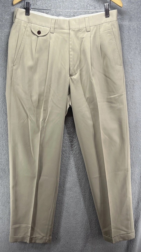 EUC Orvis Pants Mens 32x30.5 Beige Khaki Pleated Front Cuffed Casual Polyester