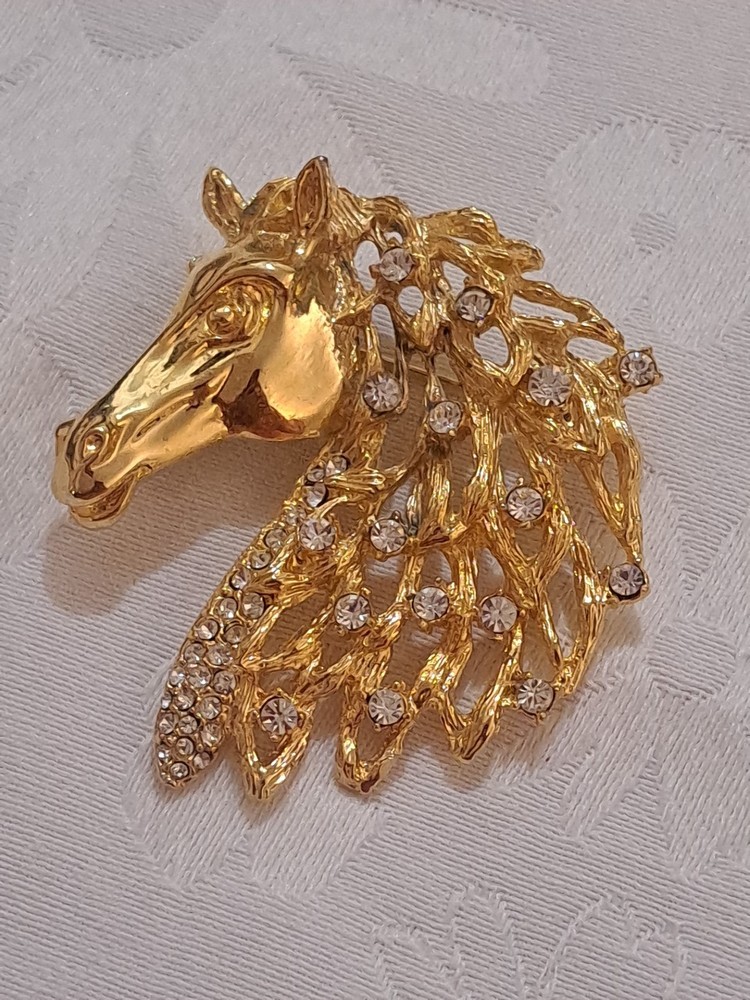 Vintage Large Gold-Tone Clear Rhinestones Horse Head With Mane Brooch