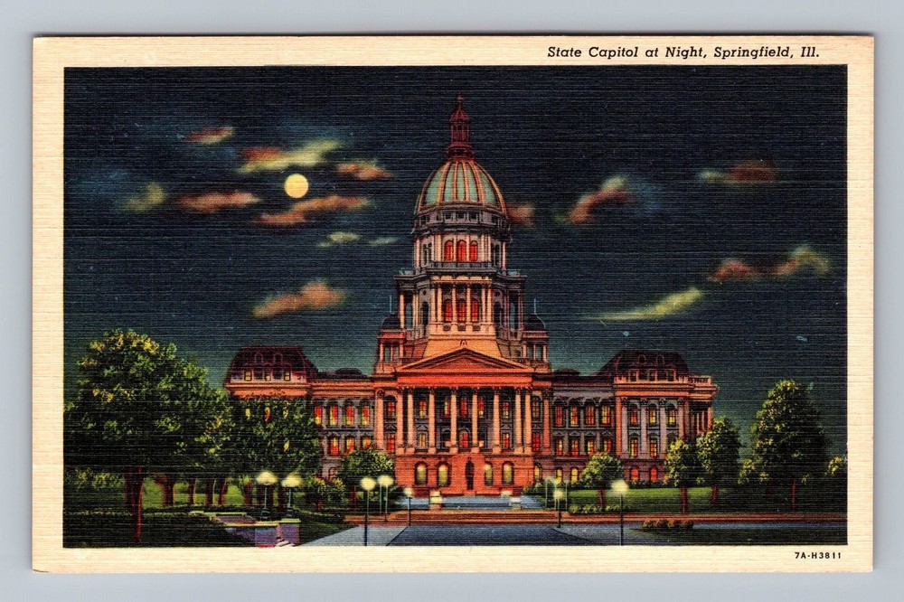 Springfield IL-Illinois State Capitol at Night Vintage Postcard