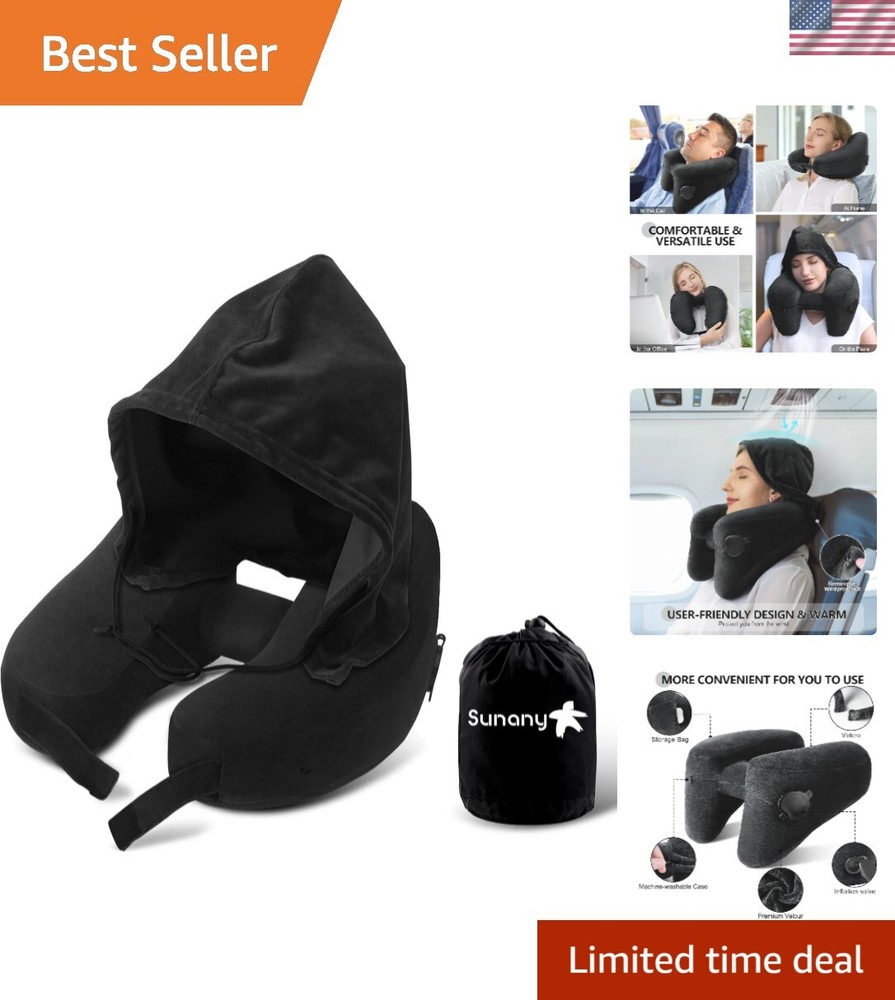 Inflatable Velour Travel Neck Pillow for Head and Chin Support