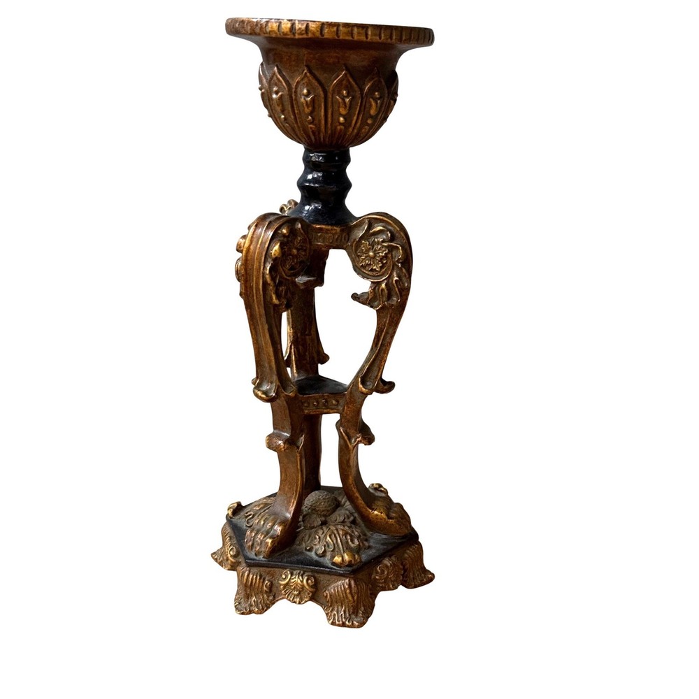 Vintage TIC Gate Pillars Style Ornate Gold Black Resin Pillar Candle Holder