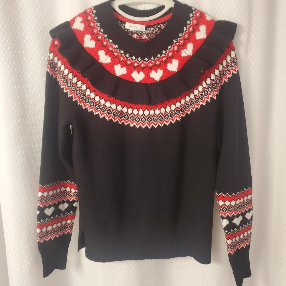 Charter Club Women's Cozy Ruffled & Heart Pattern Sweater Black Red And White M.