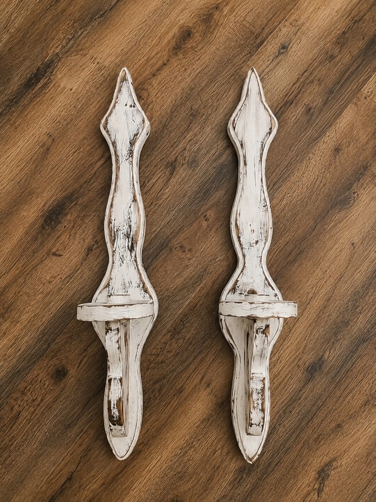 Pair Distressed White Wood Wall Sconces Farmhouse Rustic Cottage Candle Holders