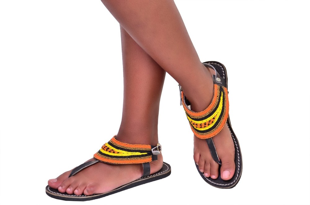 Beaded Women Africa Gladiator Sandals Bohemian Summer Leather Masai Kenya Orange