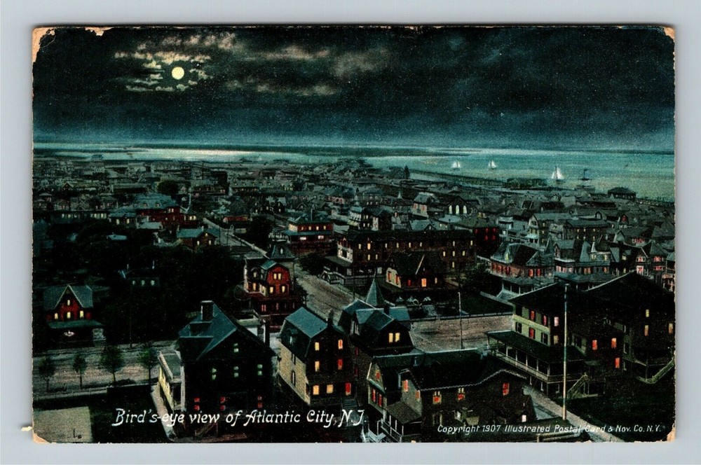 Atlantic City NJ-New Jersey, Birds Eye View By Moonlight Vintage Postcard