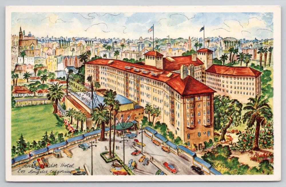 Vintage Ambassador Hotel Los Angeles California Red Levy Art Postcard