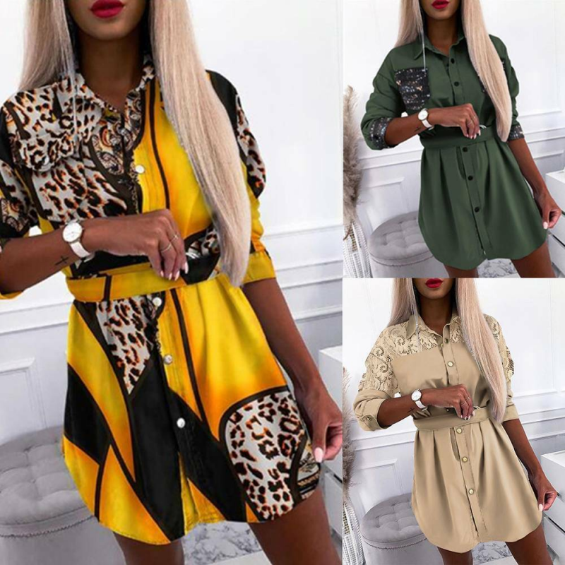 Womens Long Sleeve Mini Shirt Dress Ladies V Neck Button Down Casual Tops Blouse