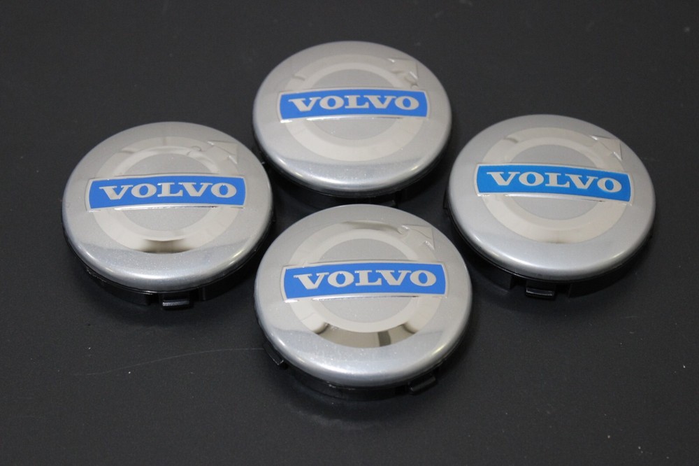 92-15 SET OF 4 VOLVO BLUE  SILVER CENTER WHEEL HUB CAP COVER LOGO V40-V90 XC90