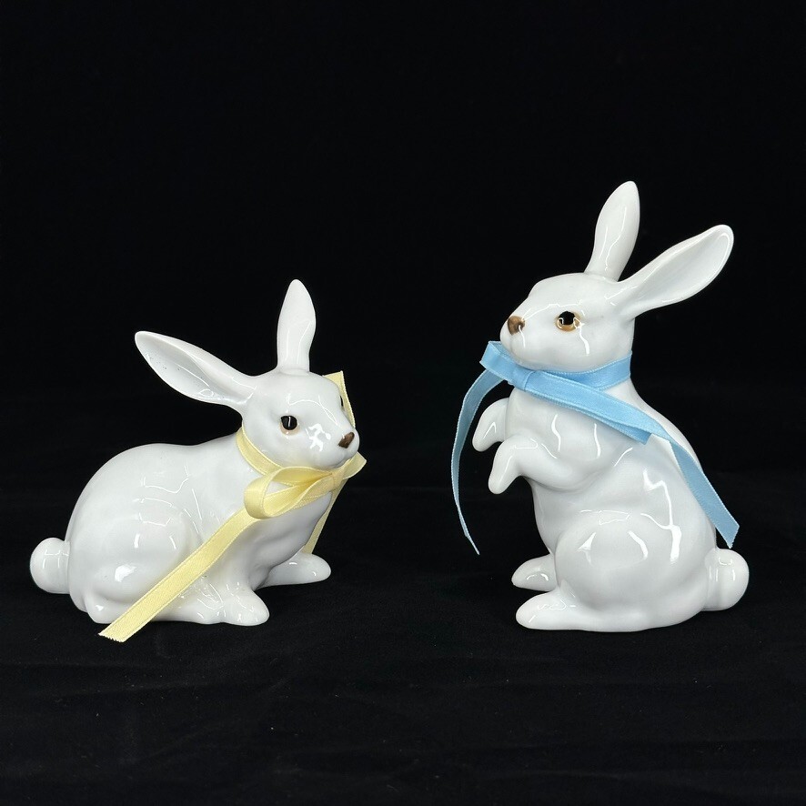 Napco Ceramic Easter Bunnies Rabbits Figurines Blue Bow Vintage Set of 2