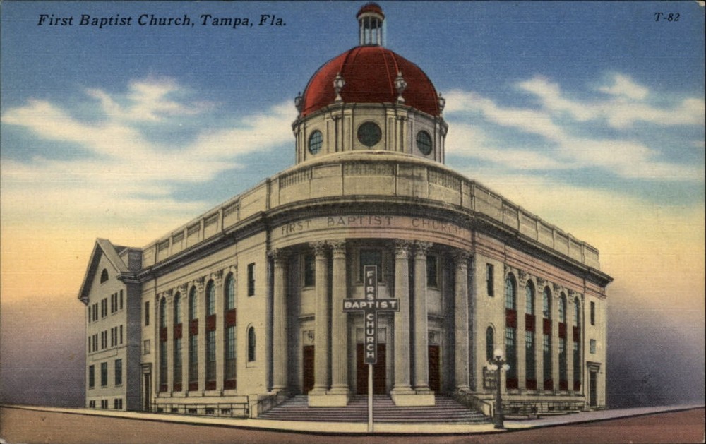 Tampa Florida First Baptist Church cross signs ~ 1940s linen postcard