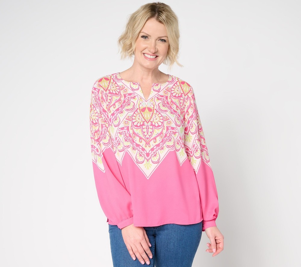 Belle by Kim Gravel Women's Top Sz L Lotus Sunrise Blouse Pink A679796