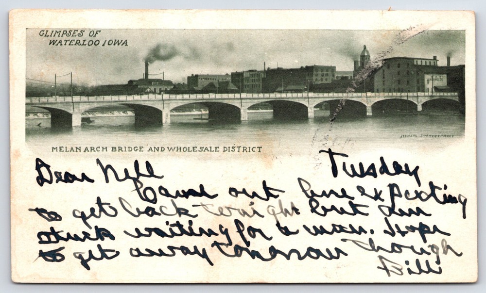 Waterloo Iowa Melan Arch Bridge River Buildings Antique Vintage Postcard 1906