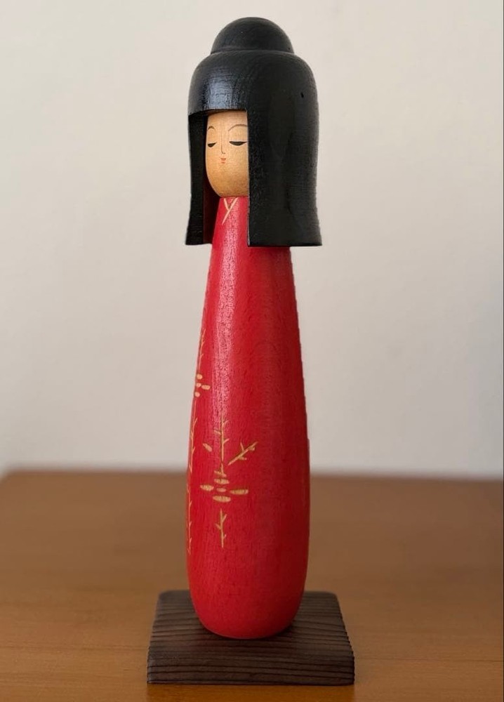 Tomiko Kokeshi Doll Red Kimono 24cm with Base Decorative Craft