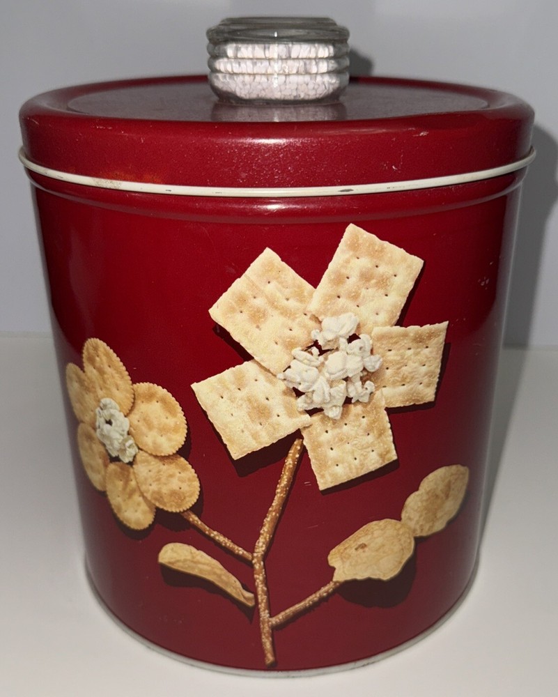 Vintage Blue Magic Krispy Kan Tin Canister Magic Glass Knob 1950s Red