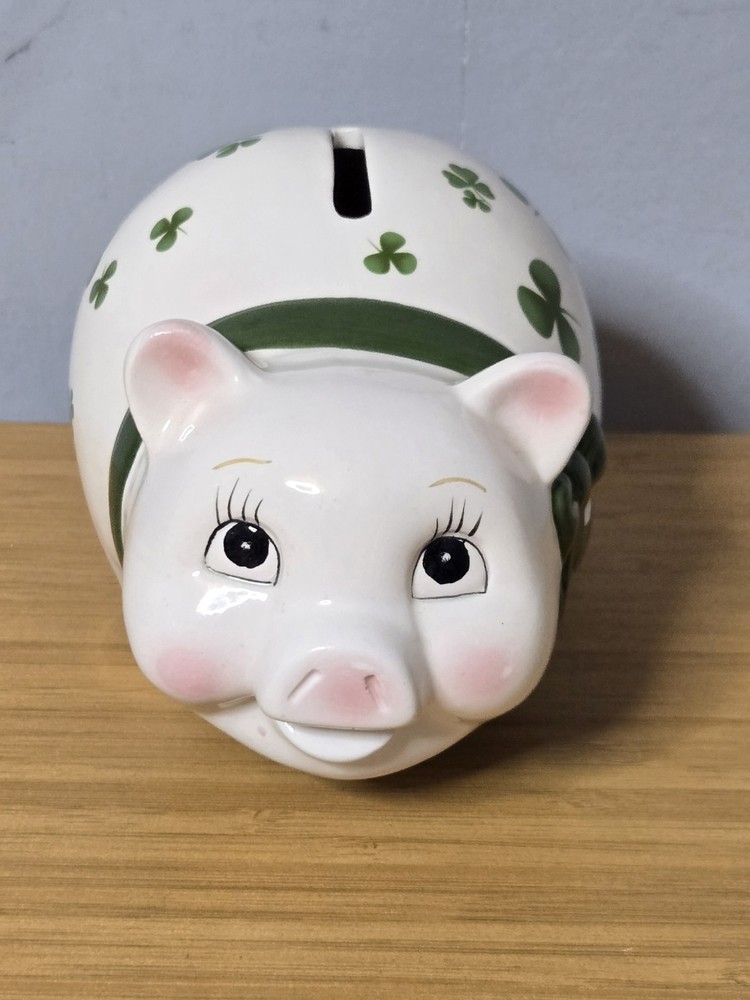 Lefton Ceramic Irish Lucky Shamrocks Coin Piggy Bank With Stopper 4”H x 5.5”L