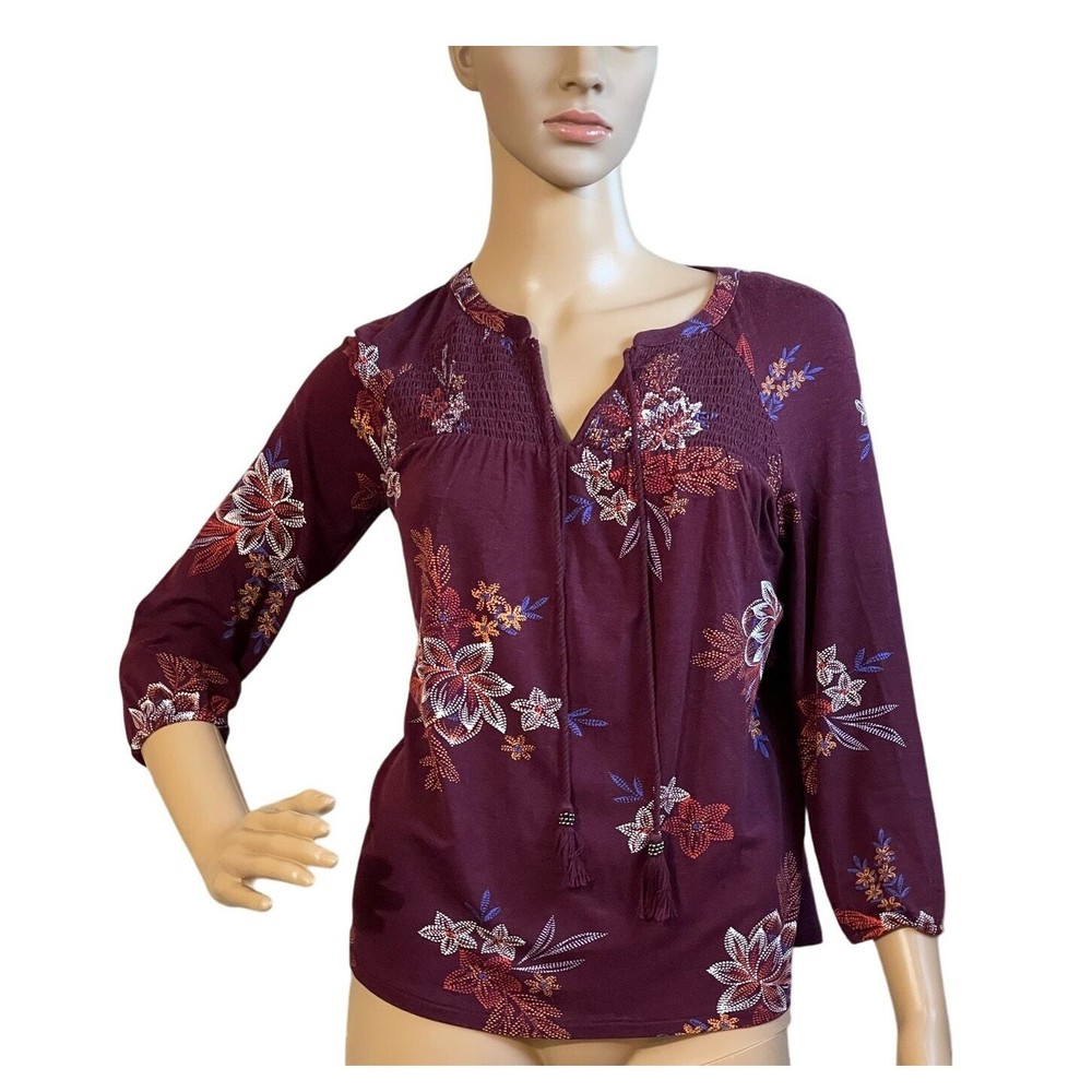 DANIELRAINN Burgundy Floral Peasant Boho Blouse Smocked Bodice Pullover PXS NWT