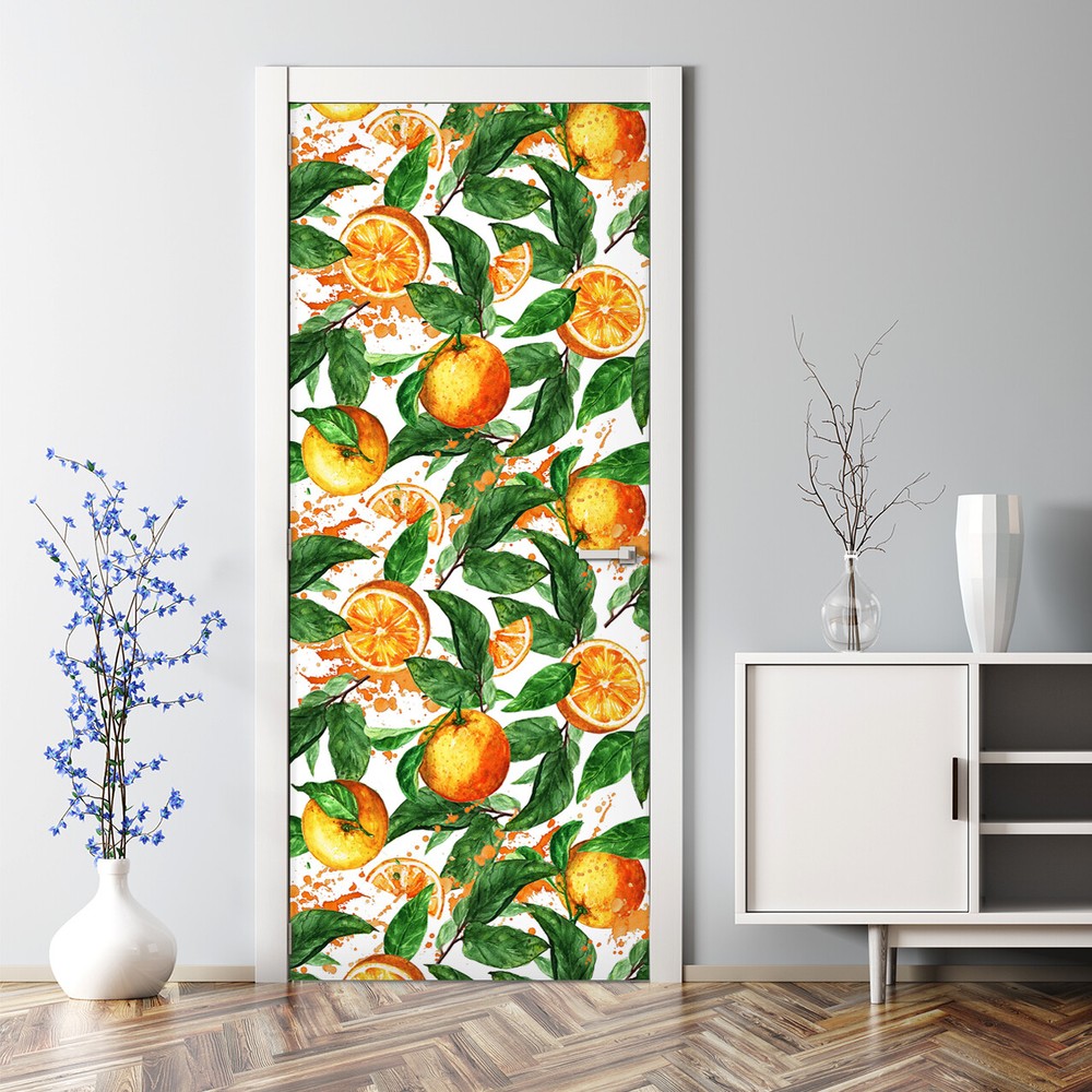 Self-adhesive watercolor orange leaves mural for bubble-free door decor